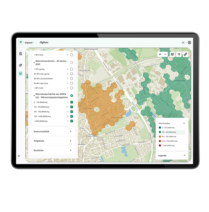 Produktscreenshot der digipad Software, welcher verschiedenen Wärmedichten mit Hilfe von Polygonen auf einer Karte veranschaulicht.